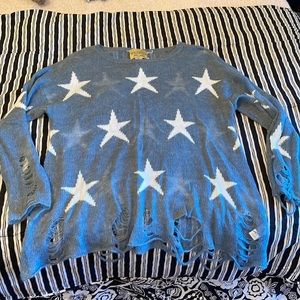 Wildfox White Label destroyed sweater star printed blue knit top distressed M xl